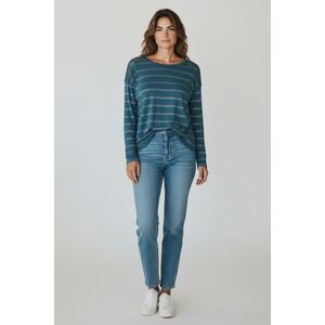 French Laundry Womens Teal Blue Striped Long Sleeve Top Lace Shoulder Small